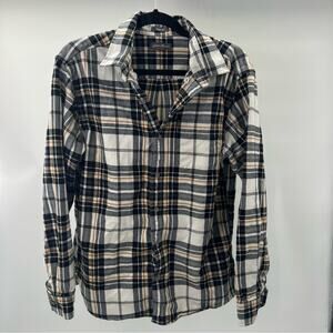 Eddie Bauer Men’s White, Black, and Grey Plaid Button Down Shirt